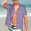 Camisas casuais masculinas houndstooth praia camisa masculino azul roxo branco havaí manga curta gráfico na moda blusas oversize presente de aniversário