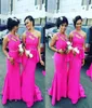 Underbara One Shoulder Fushia African Long Bridesmaid Dresses 2016 Satin Beaded Ruffles Mermaid Maid of Honor Gowns for Wedding CUS4877728