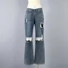 Women's Jeans 2024 Spring Lace Splicing Low Waist Washed Hole Ladies Wide Leg Pants Fashion Sexy High Quality Y2k