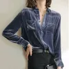 Office Lady Solid Color Polo-Neck-knapp Blus Autumn Winter Korean All-Match Pockets Spliced ​​Golden Velvet Chic Shirt Women 240308