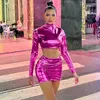 Work Dresses 2024 Pu Faux Leather Women 2 Pieces Set Long Sleeve Crop Top Mini Skirt Suit Matching Co Ords Outfits Y2K Streetwear Club