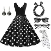 New Women's Polka Dots Swing Flare Dress with Accessories Set Earrings Necklace Headband Glasses Gloves