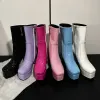 Boots Pink Purple Blue Patent PU Leather Winter Womens Boots Square Toe Block High Heeled Shoes Zipper Platform Midcalf Heels Boot