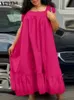 Grundläggande casual klänningar Vonda Summer Party Dress Fashion Sleeveless Women rems Sexig färg midi sundress ruffled casual Loose Long Vestidos 240319