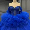 Azul real querida quinceanera vestidos fora do ombro contas tull em camadas doce 16 baile de formatura vestido de festa de aniversário de vx 15 anos