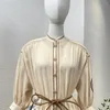 Casual klänningar senaste högkvalitativa poplin 3/4 hylsa Beige Boat Print -knappar Självtie Wave Belt FLAS HEM PLEATED LOOK MINI DRESS