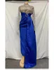 Blue With Gold Arabic Mermaid Evening Dresses High Neck Algerian Outfit Prom Gown Side Train Pleated Thigh Split Party Maxi Robe