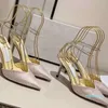 2024 Zapatos de tacón alto con cadena de diamantes de agua y tacones finos, sandalias sexys con un botón y cabeza puntiaguda de color rosa brillante para mujer