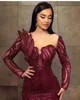 Luxurious Arabic Aso Ebi Dark Red Evening Dresses Beadings Sheer Long Sleeve Illusion Tulle Satin Long Party Occasion Gowns Formal Vestidos prom BC9849