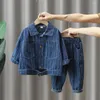 Ensembles de vêtements pour bébés garçons, vêtements décontractés pour enfants, costume de sport pour enfants, manches longues, manteau en jean rayé, 2 pièces