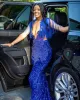 Fantastiska blå balklänningar för svarta flickor Sheer Neck Crystal Sequin Mermaid Birthday Party Gowns Robe de Bal