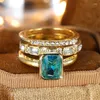 Wedding Rings 3pcs Aqua Blue Stone Square Triple Ring Set Antique Gold Color White Crystal Stacking Engagement For Women Jewelry