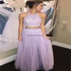 Lilac Two Pieces Prom Dresses 2024 Sexig Halter Backless Boho Lace aftonklänning Elegant födelsedag Formell festklänning Flowy Violet Dress Vestios de Fiesta 2024