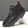 Boots Hand Stitched Microfiber Leather Men Boots Autumn Winter Outdoor Hiking Shoes for Men Optional Plush Hightops Men Casual Shoes