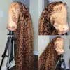 Syntetiska peruker Glueless Highlight Wig Human Hair Deep Wave Frontal Wig For Women Free Part Blonde Ombre Transparent spets lockigt peruk 30 32 tum 240329