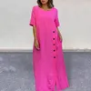 Casual Dresses Women Solid Color Dress Long Soft Breathable Maxi With O Neck Button Decor Ankle Length Split Women's