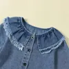 Vestidos de menina Little Fall Denim Dress manga comprida colarinho de boneca botão frontal linha A casual