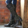 Stiefel schwarzer Wildleder bestickter Knie High Stiefel Frauen speicherte Zehen Spike Absatz Herbst Winter Langstiefel Leder Handgemachtes Knie Ritterstiefel