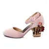 Buty 379 Sukienka Vintage Flower Heels Mary Janes Pump for Women Pink Veet Low Wedding Bride Round Tose Metal 88564