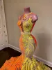 Long Elegant NEW Prom Dresses Sheer O-Neck Orange And Yellow Sequin African Women Black Girls Mermaid Evening Party Gowns 0505