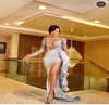 Silver Sequined Mermaid African Evening Dresses 2021 Sexig Se genom full ärmar spetsklänningar Ruffles Split Dress2644739