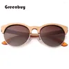 Sonnenbrille, halbrandlos, Skateboard, Holz, rund, polarisiert, modische Sonnenbrille, Damen, Bambus, UV400, Retro-Design