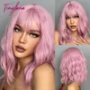 Synthetic Wigs Light Pink Short Wavy Synthetic Hair Wigs with Bangs Cosplay Natural Shoulder Length Bob Wig For Women Afro Heat Resistant Fiber 240328 240327