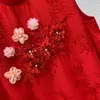 Robe mi-longue à panneaux de fleurs 3D, rouge, sans manches, col montant, strass, robes décontractées, printemps 2024, B4M181407