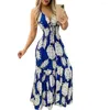 Casual jurken Jurk met V-hals Flatterende figuur Bloemenprint Halterhals Maxi voor dames Vakantie-strandkleding met elastische hoge taille