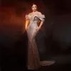 Luxury Silver Crystals Beaded Mermaid Evening Dresses African 2024 Aso Ebi High Neck Sheer Long Sleeves Ruffles Formal Party Dress Event Gala Gowns 0319