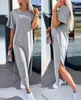 Casual Dresses Summer For Women 2024 Slit Short Sleeve Round Neck Solid Color Straight Loose Robe Women' Dress