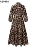 Grande taille 5XL VONDA robe bohème femmes élégantes robe imprimée léopard manches longues lanterne lâche col en V décontracté robe d'été 240313