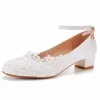 Pumps Ballet Flats White Lace Wedding Shoes Women Casual Pointed Toe 3CM chunky heel Plus Size 42