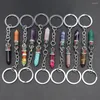 Keychains Fashion Natural Stone Hexagonal Column Crown Keychain Women Crystal Pink Quartz Key Rings Bag Car Jewelry Party Friends Gift 8Pc