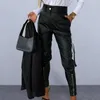 Calças femininas Curvy Mulheres elegantes cintura alta lápis de couro falso com zíper decoração multi bolsos para calças compridas slim fit