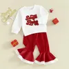 Conjuntos de roupas da criança do bebê menina roupa de natal manga longa fuzzy bordado carta moletom veludo flare calças 2 pçs conjunto