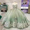 Светло-зеленое платье Quinceanera с цветами ручной работы, бальное платье, корсет без рукавов с аппликацией в форме сердца для вечеринки Sweet 15 Girls 2023