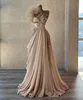 Champagne Evening Dresses With 3D Hand Made Flowers Tier Ruffles One Shoulder A Line Appliques Beads Chiffon Prom Party Gowns BC18431