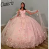 Pink Spittly Crystal Applicies Bow Quinceanera Dresses Ball Gown Off the Shoulder Beading Sweet Vestidos de 15 Girls