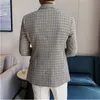 British Style Slim Fit Houndstooth Blazer For Men Fashion Double Breasted Business Office Wedding Dress Suit Jacket 240313