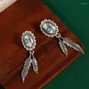 Dangle Earrings Retro Ethnic Handmade Carving Women's Inlaid Turquoise Hanging Long Double Feather Jewelry For Women Wholesale