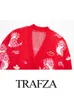 Kvinnors stickor Trafza Kvinna Fashion Red Cartoon Sweater Cardigans Spring Female Chic V Neck Knitwear Långärmning Stickad Cardigan Coat