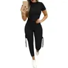 Kvinnors tvådelade byxor 2 st/set klassisk avslappnad outfit elastisk midjeband Kvinnor Pure Color Crop Top DrawString Sweatpants Set Activewear