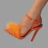 Pumps vrouwen oranje hoge hakken zomer puntige teen ondiepe harige decoratie pompen dames enkelband stiletto schoenen feest sandalen