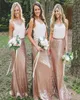 2019 Rose Gold Sequined White Top Two Pieces Bridesmaid Dresses Bohemian Country Long Maid of Honor Wedding Gästklänningar2777066