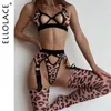 Ellolace Leopard Lingerie With Stocking Cut Out Bra Sensual Brief Sets 4Piece See Through Lace Fancy Underwear Garter Intimate 240307