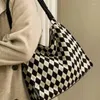 Totes vintage grande capacidade bolsa feminina estudante universitário classe lona preto e branco xadrez moda ombro