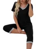 Mulheres de duas peças calças mulheres pijama conjunto manga curta v pescoço t-shirt e capri sleepwear contraste cor floral leopardo lounge ternos