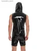Men's Tank Tops S-7XL Sleeveless Shiny Faux PU Leather Tank Top Wet Look PVC Hooded Vest Tanktop Tights Gothic Hip Hop Shirt Muscle Hot Shapers L240319