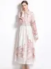 Niche Design Women's Vintage Printed Maxi Dress With Belt Elegant Cardigan Single Breasted Dress Hem Lining Long Sleeve Vestido